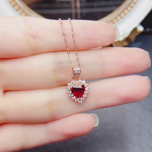 Natural Garnet Heart Pendant, 925 Silver Setting, Elegant & Vivid Color, Center Stone 6×6mm
