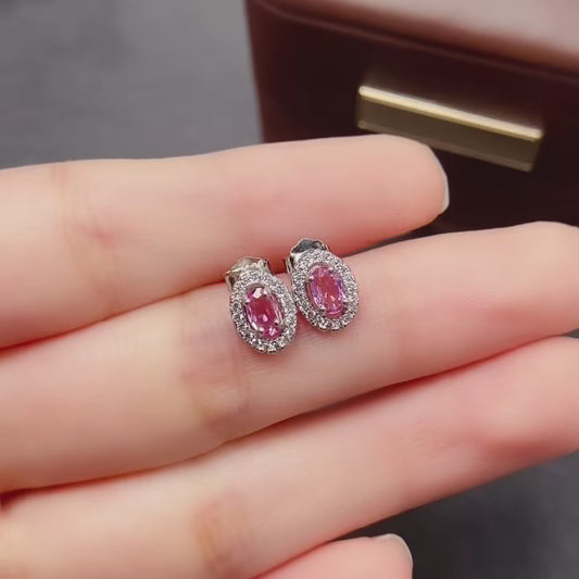 Natural Pink Sapphire Earrings | Oval Classic Style | Cherry Blossom Super Color | High Quality Sparkle | 925 Silver Exquisite Setting | 3*5mm Delicate & Flattering | Feminine Luxe Earrings